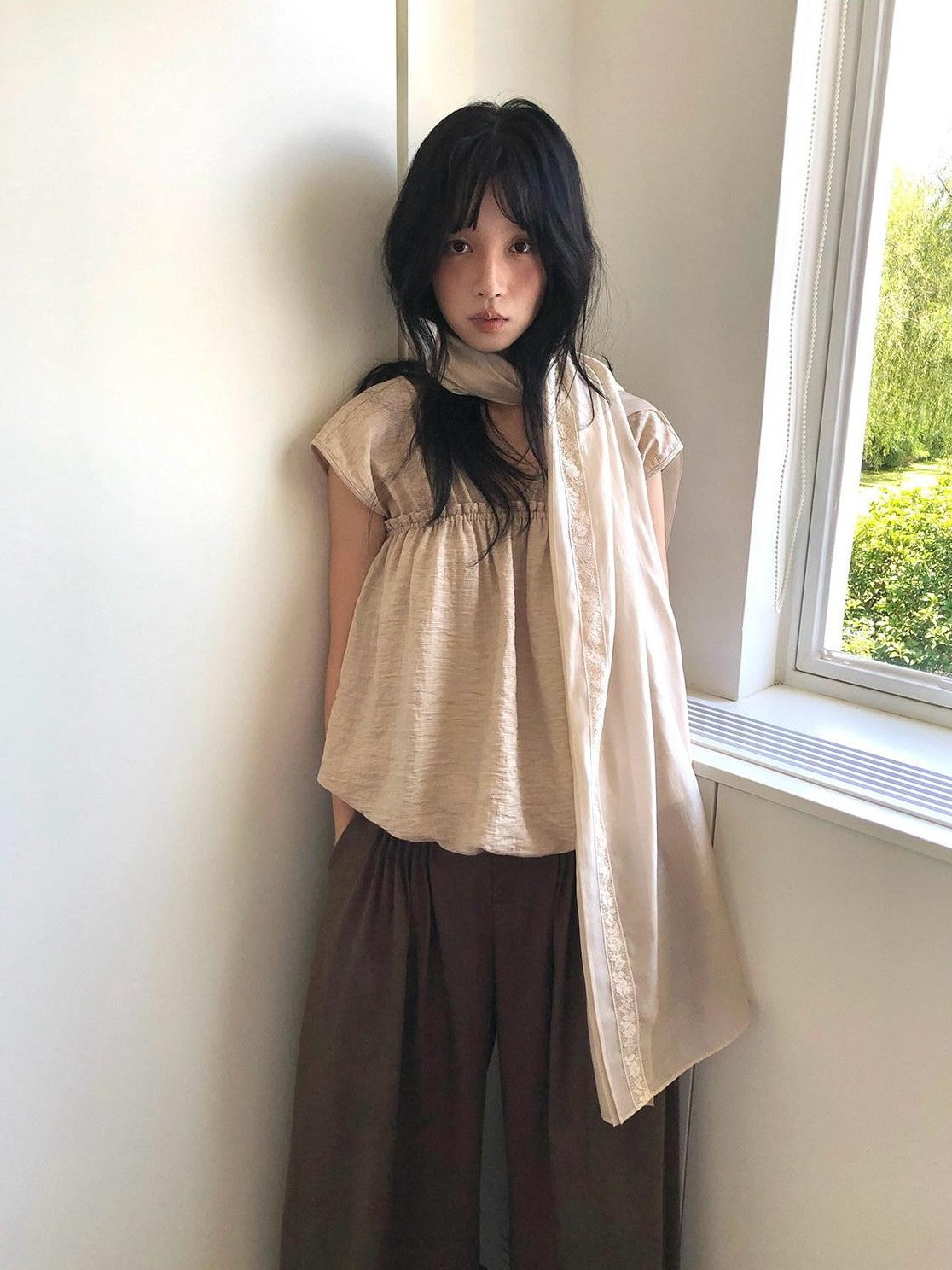 Dorydory Khaki Ruched V-neck Cropped Bubble Hem Women&