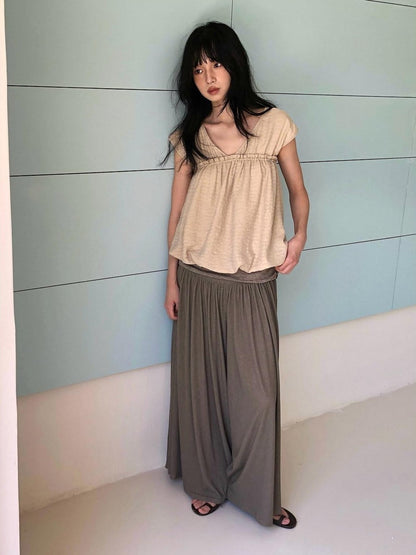 Dorydory Khaki Ruched V-neck Cropped Bubble Hem Women&