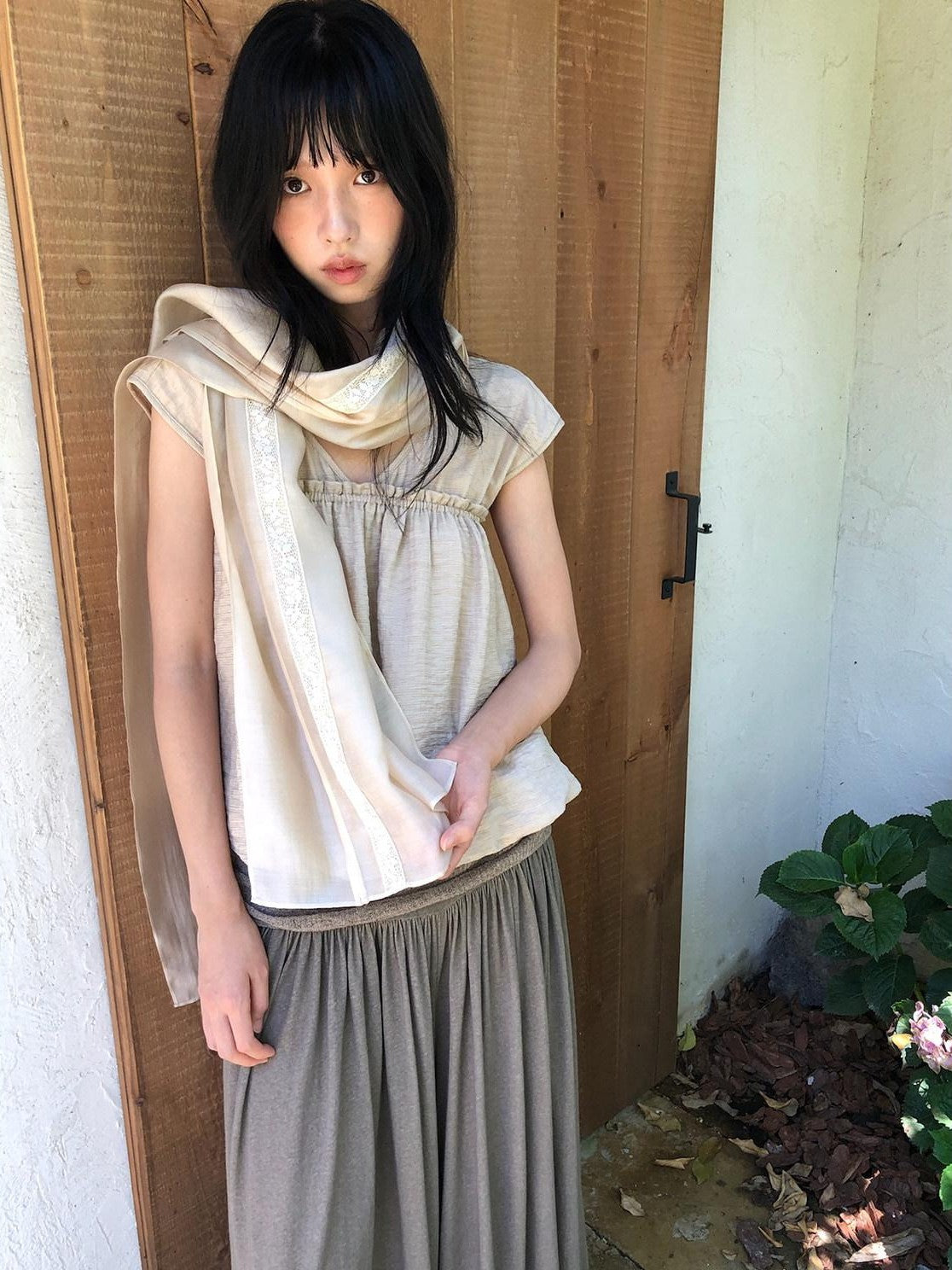 Dorydory Khaki Ruched V-neck Cropped Bubble Hem Women&