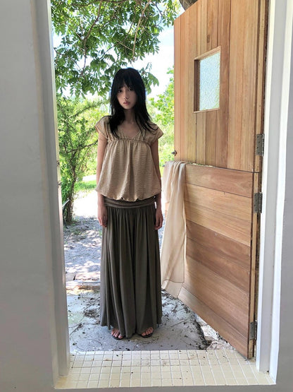 Dorydory Khaki Ruched V-neck Cropped Bubble Hem Women&