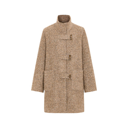 Dorydory_Khaki_Toggle_Button_Boucle_Stand_Collar_Mid_Length_Women&