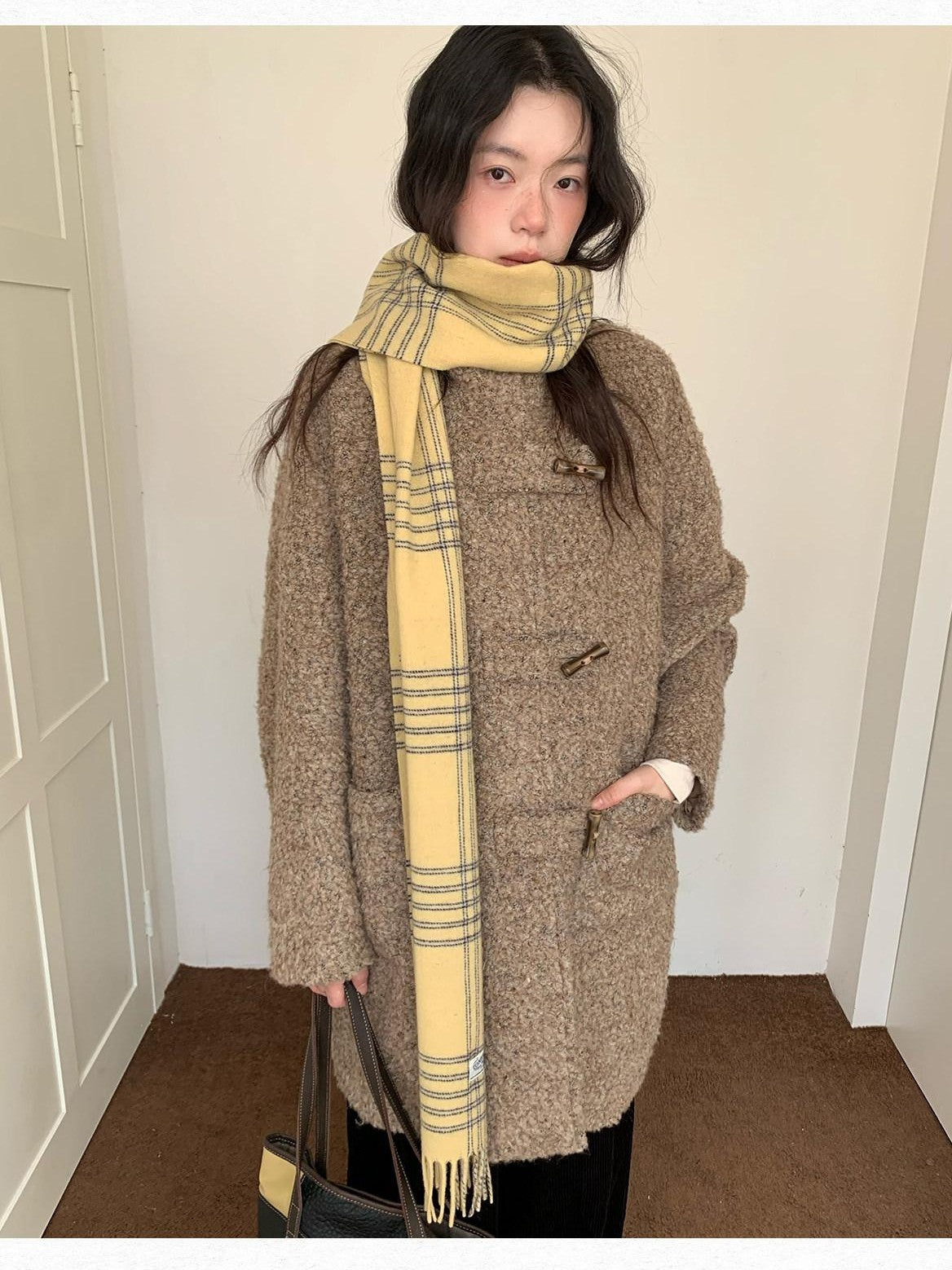 Dorydory Khaki Toggle Button Boucle Stand Collar Mid Length Women&
