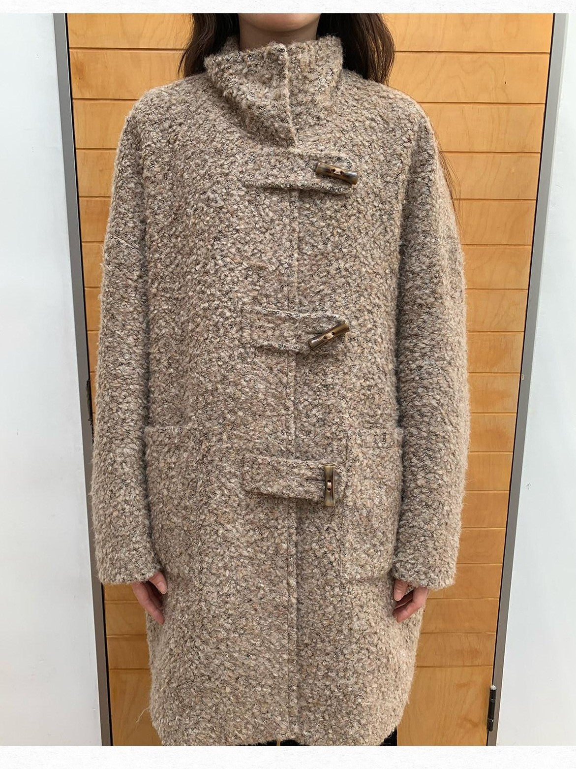 Dorydory Khaki Toggle Button Boucle Stand Collar Mid Length Women&
