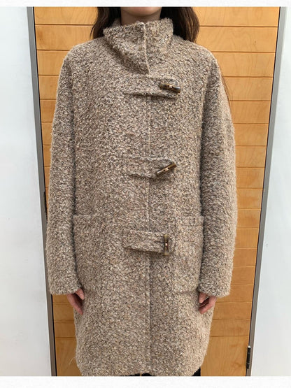 Dorydory Khaki Toggle Button Boucle Stand Collar Mid Length Women&