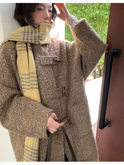 Dorydory Khaki Toggle Button Boucle Stand Collar Mid Length Women&