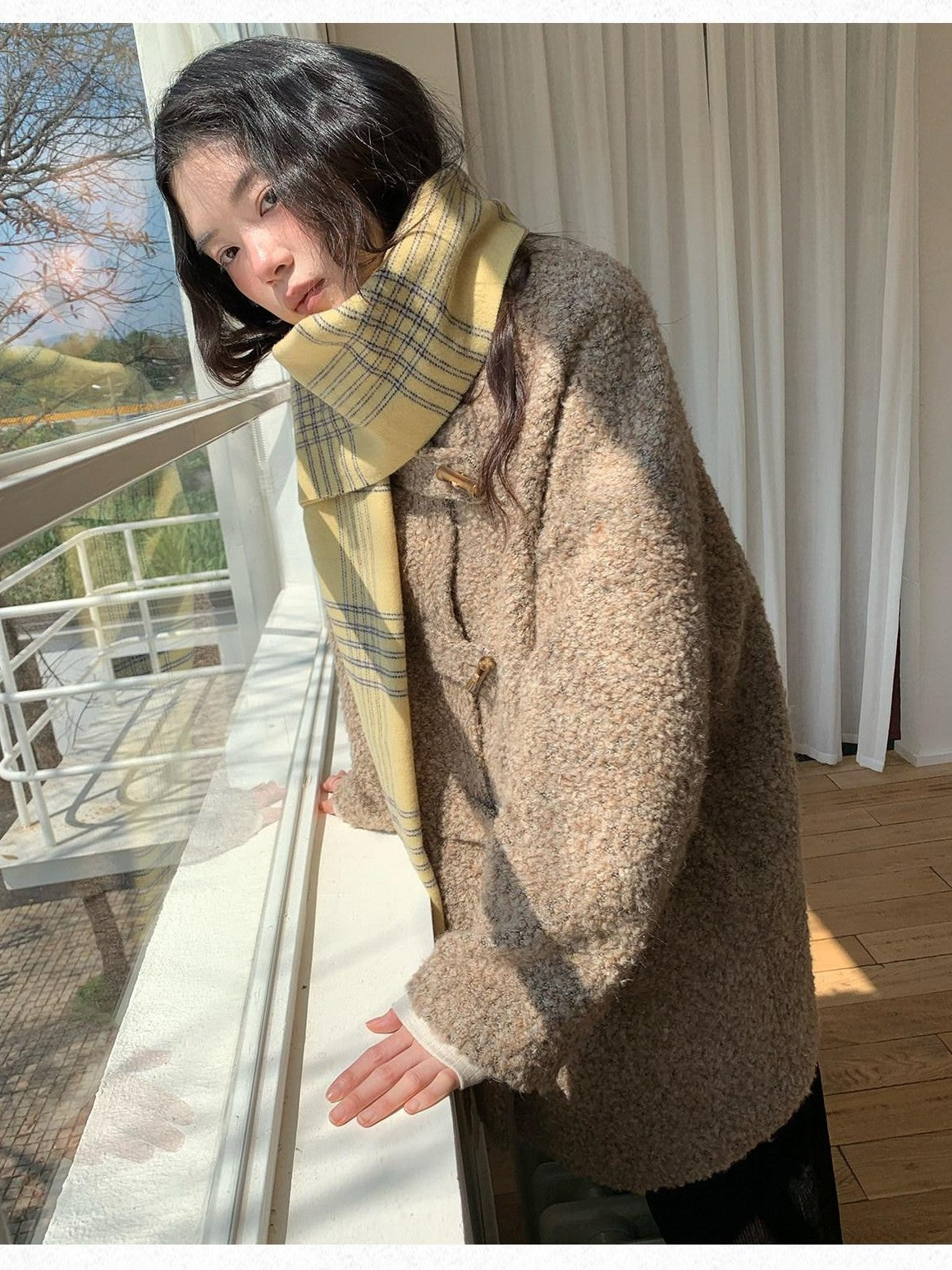 Dorydory Khaki Toggle Button Boucle Stand Collar Mid Length Women&