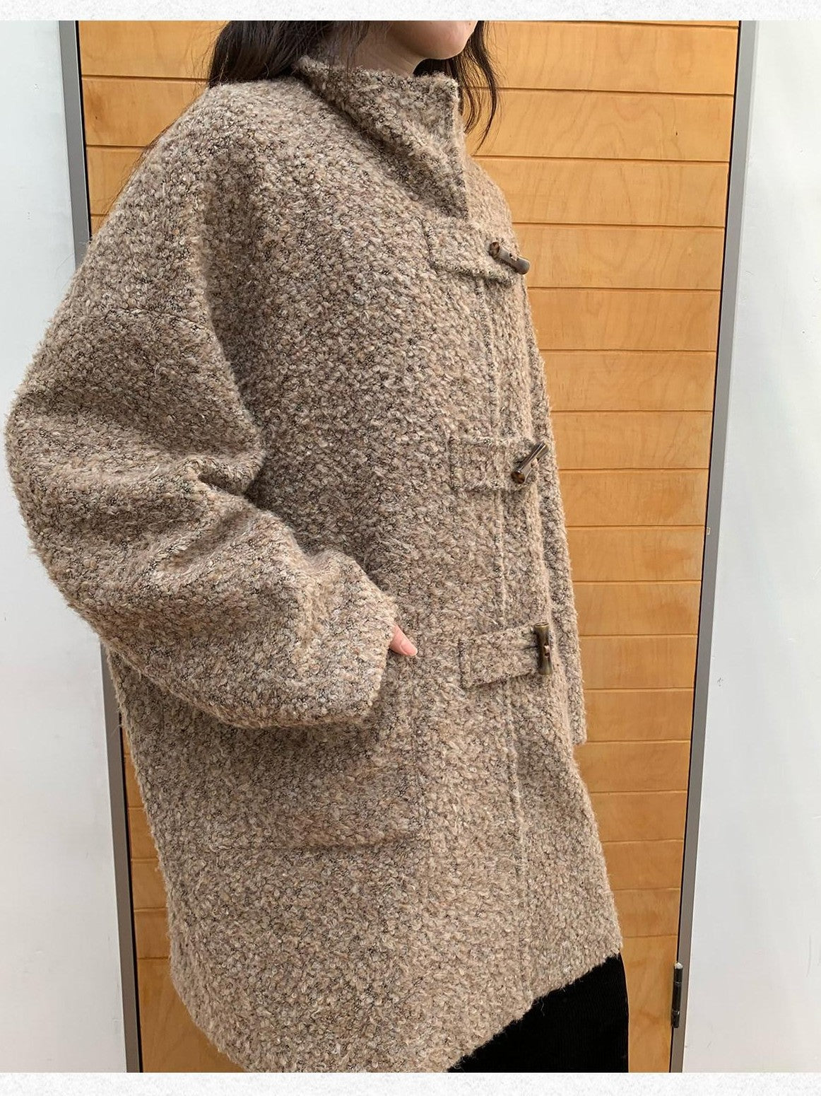 Dorydory Khaki Toggle Button Boucle Stand Collar Mid Length Women&