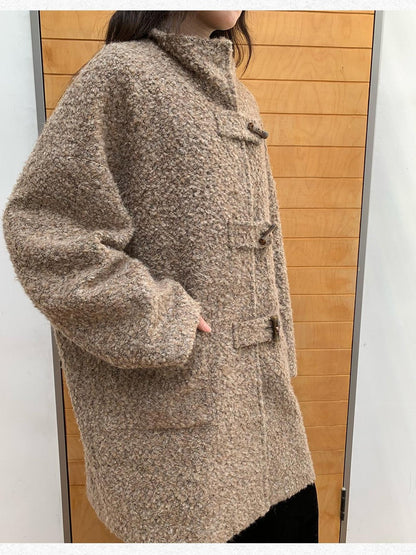Dorydory Khaki Toggle Button Boucle Stand Collar Mid Length Women&
