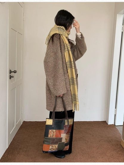 Dorydory Khaki Toggle Button Boucle Stand Collar Mid Length Women&