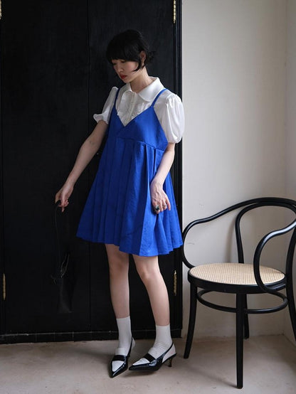 Dorydory Klein Blue Pleated Spliced High Waist Aline Women&