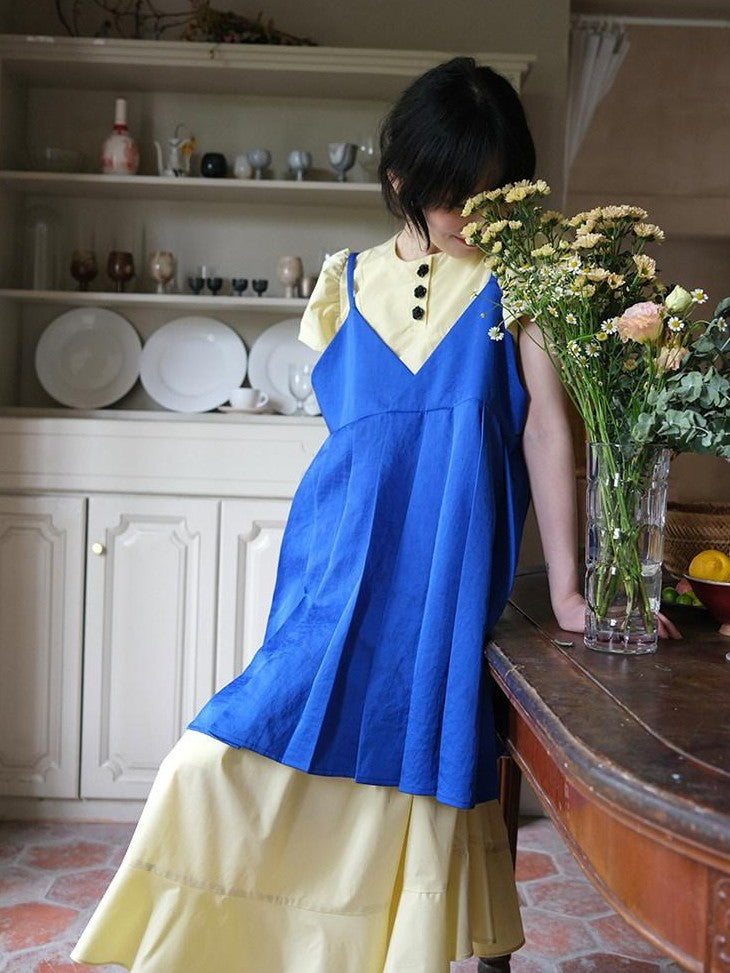 Dorydory Klein Blue Pleated Spliced High Waist Aline Women&