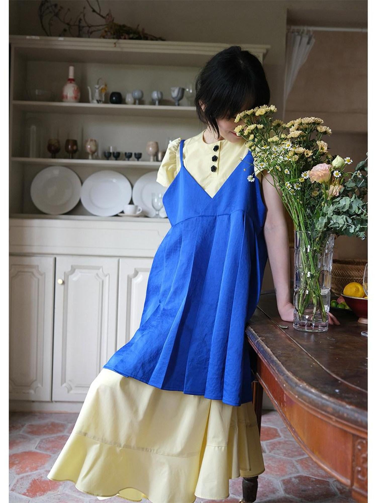 Dorydory Klein Blue Pleated Spliced High Waist Aline Women&