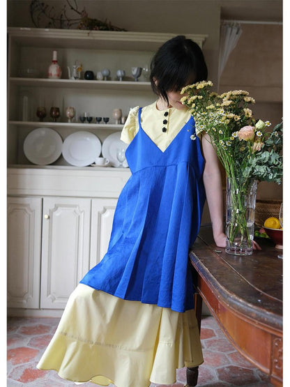 Dorydory Klein Blue Pleated Spliced High Waist Aline Women&