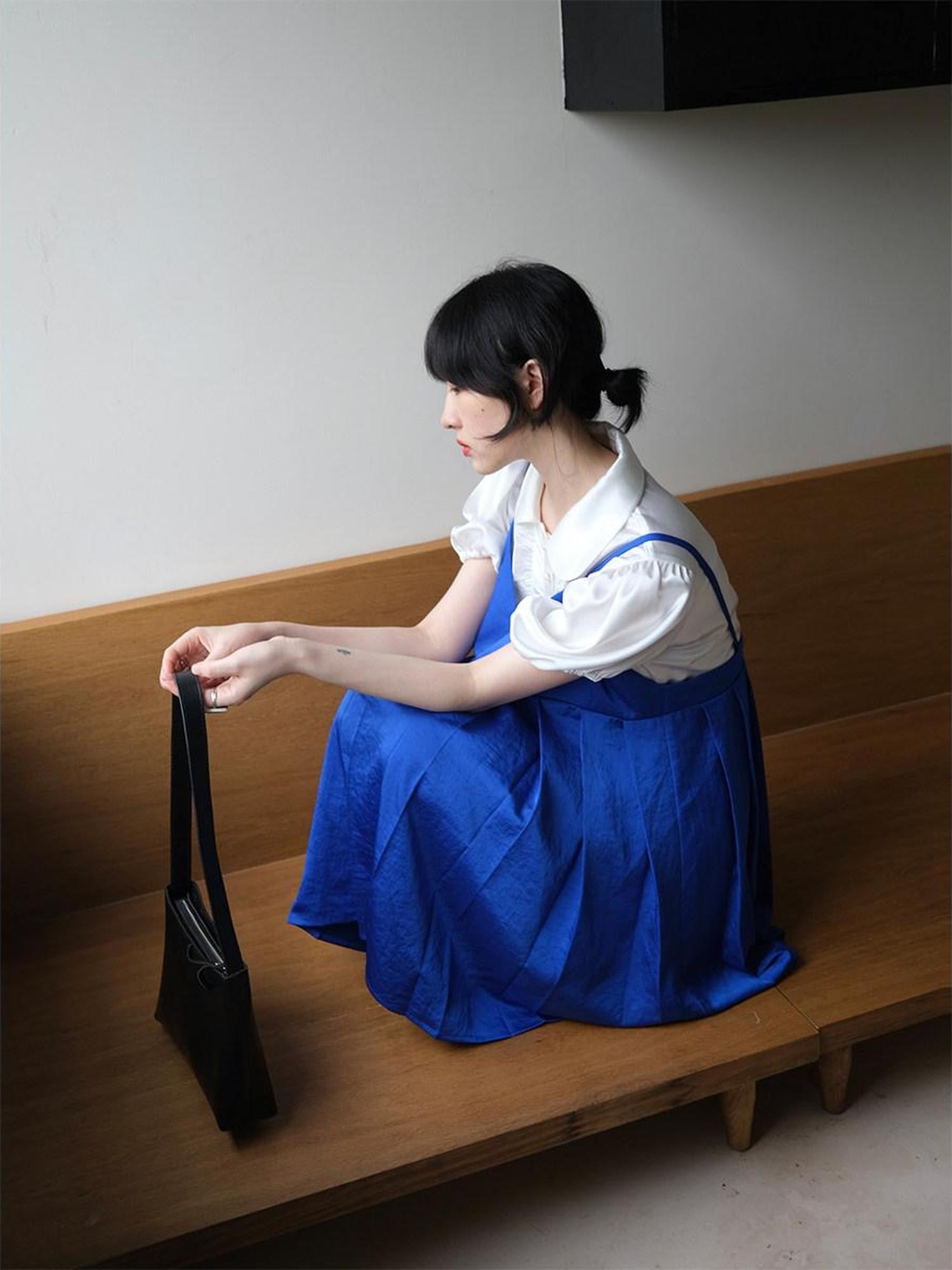 Dorydory Klein Blue Pleated Spliced High Waist Aline Women&