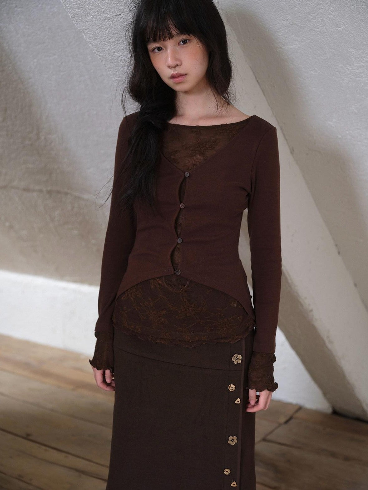 Dorydory Lace Faux Two Piece V-neck Vintage Women&