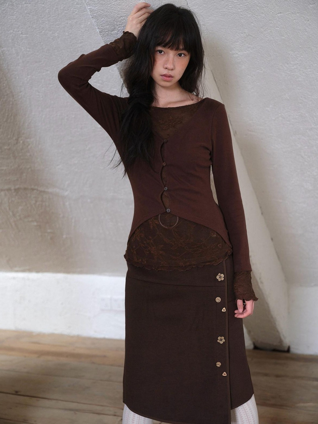 Dorydory Lace Faux Two Piece V-neck Vintage Women&