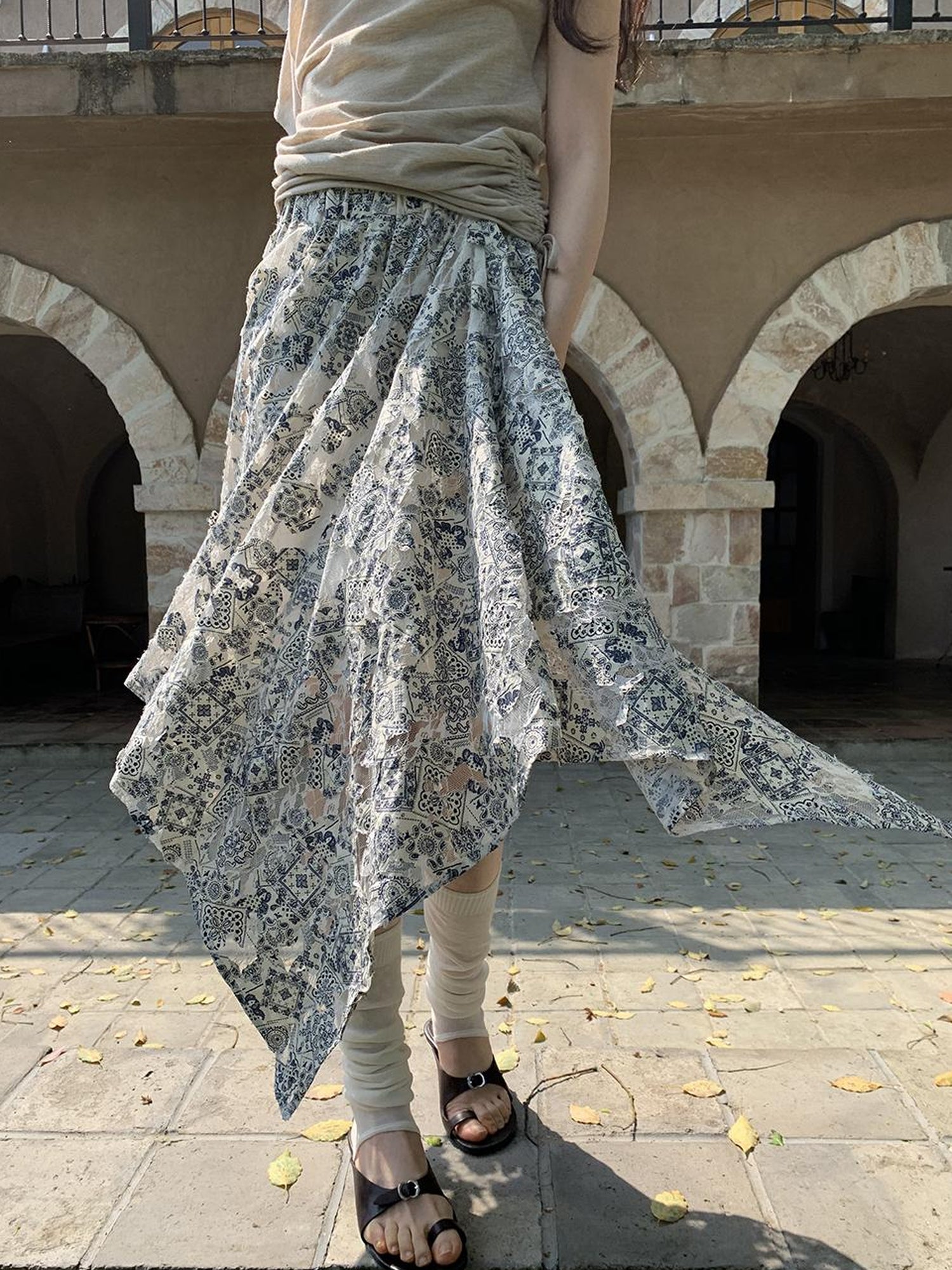 Dorydory Lace Jacquard Slant Hem A Line Skirt With Draping