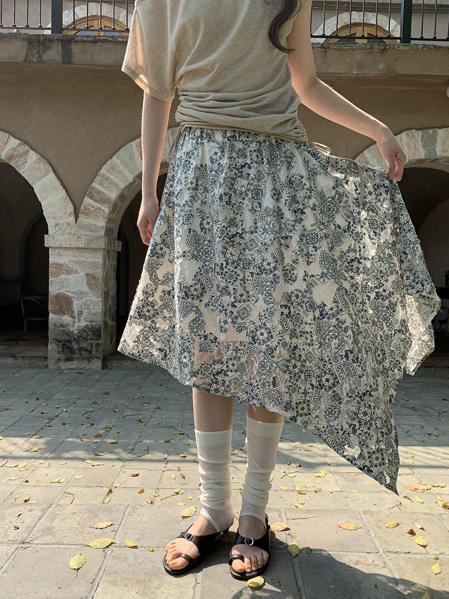 Dorydory Lace Jacquard Slant Hem A Line Skirt With Draping