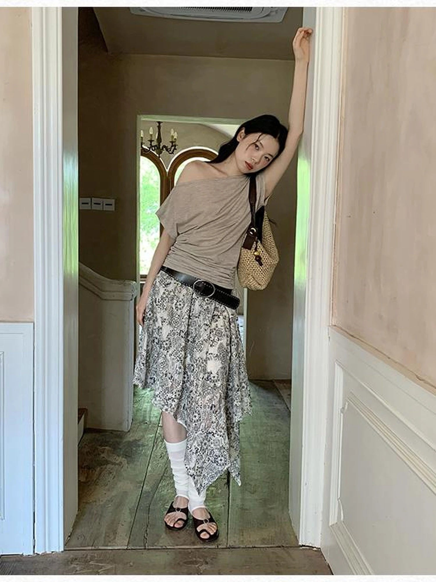 Lace Jacquard Slant Hem A Line Skirt With Draping