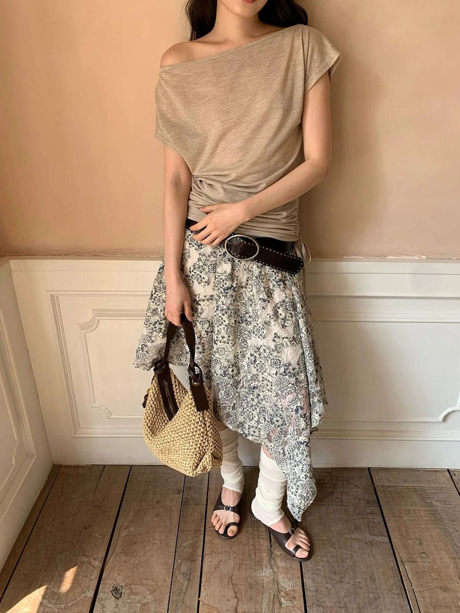 Lace Jacquard Slant Hem A Line Skirt With Draping