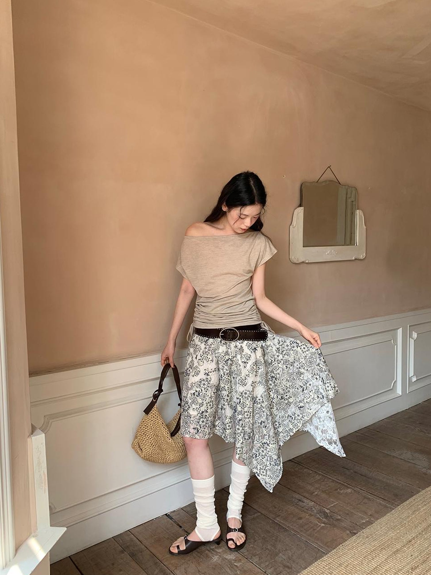 Dorydory Lace Jacquard Slant Hem A Line Skirt With Draping