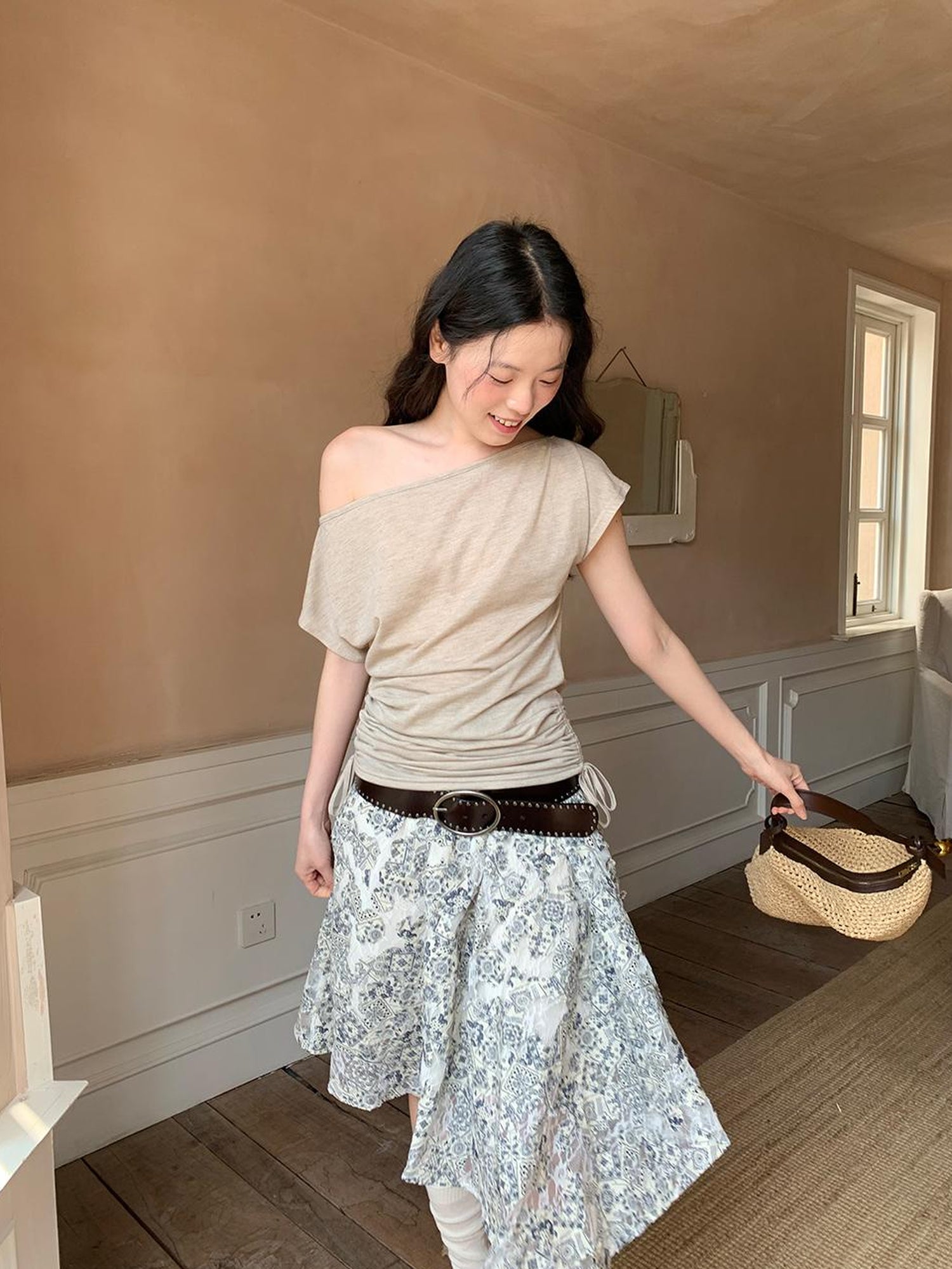 Dorydory Lace Jacquard Slant Hem A Line Skirt With Draping