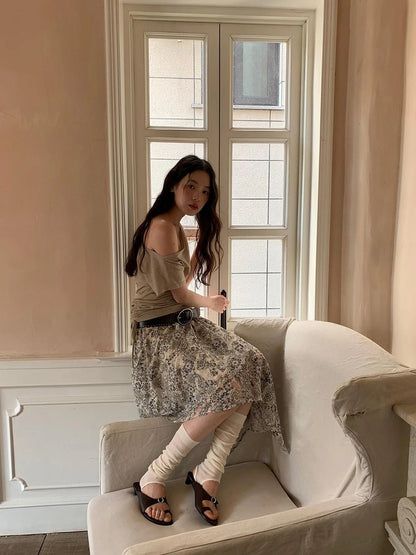 Lace Jacquard Slant Hem A Line Skirt With Draping