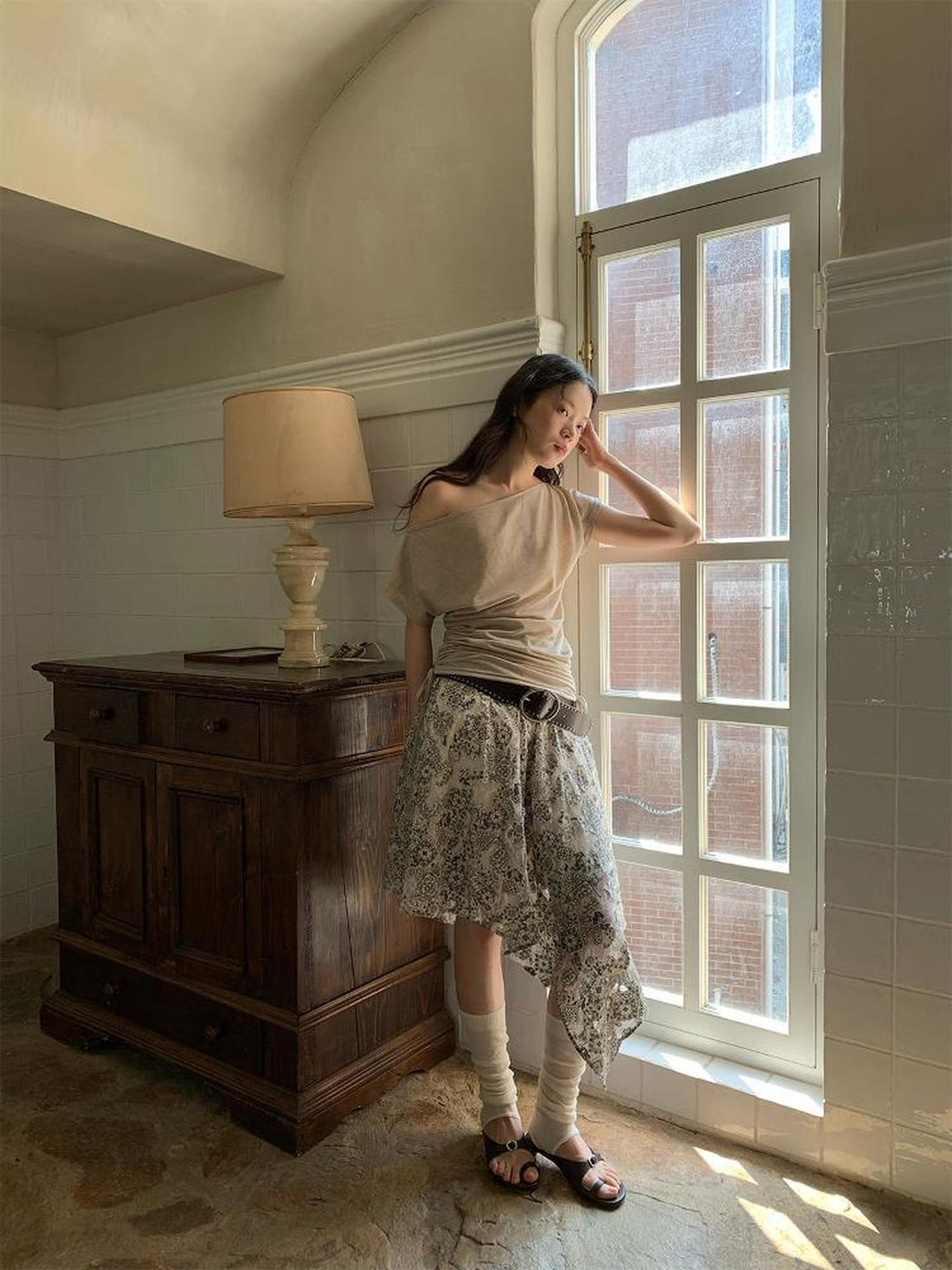 Dorydory Lace Jacquard Slant Hem A Line Skirt With Draping