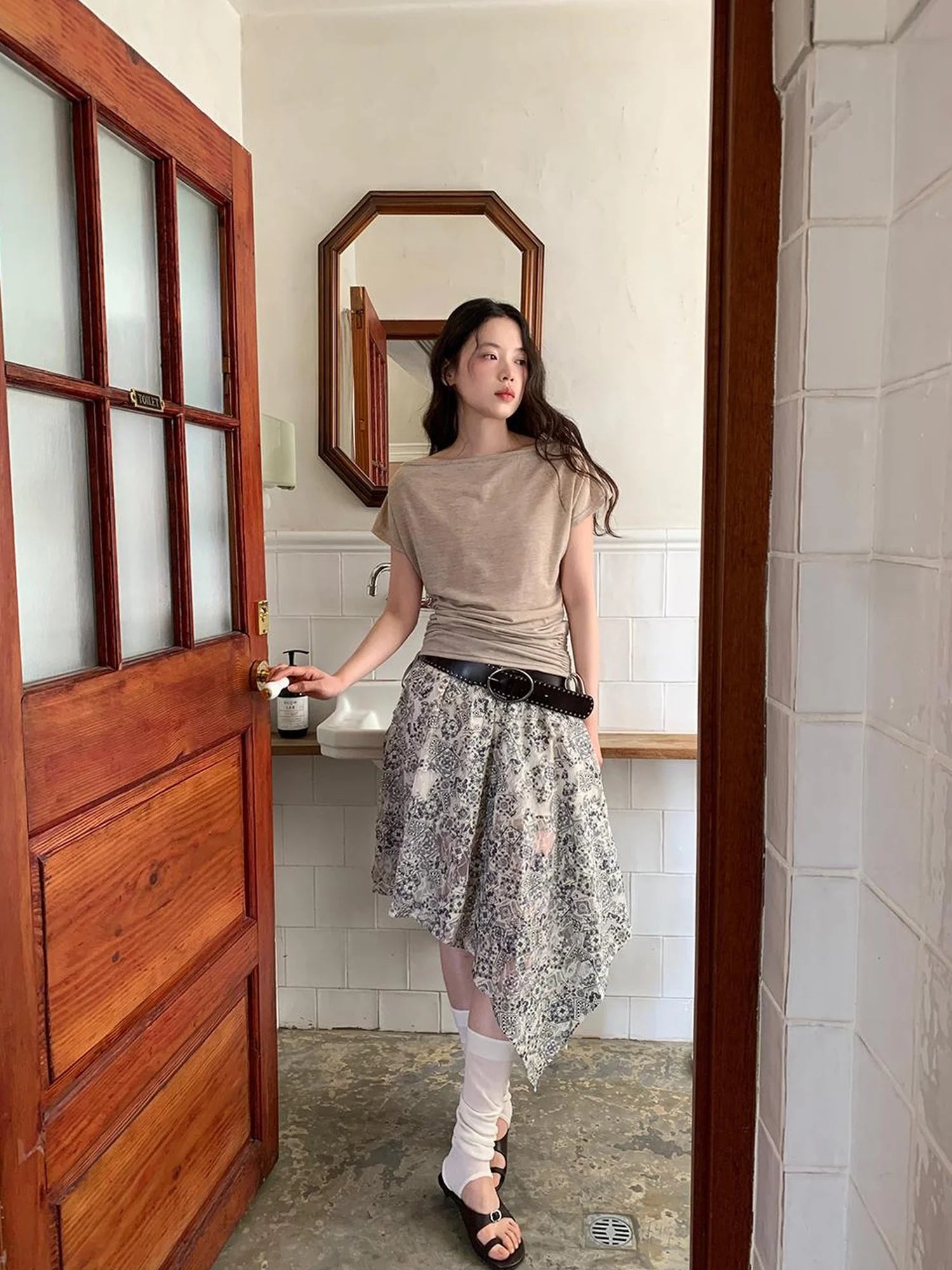 Lace Jacquard Slant Hem A Line Skirt With Draping