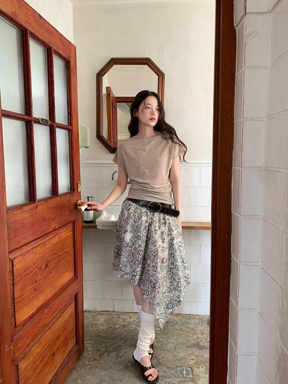 Lace Jacquard Slant Hem A Line Skirt With Draping