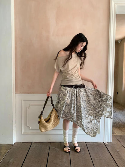 Lace Jacquard Slant Hem A Line Skirt With Draping