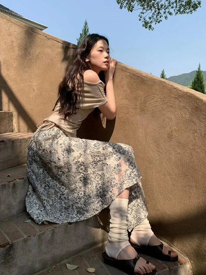 Lace Jacquard Slant Hem A Line Skirt With Draping