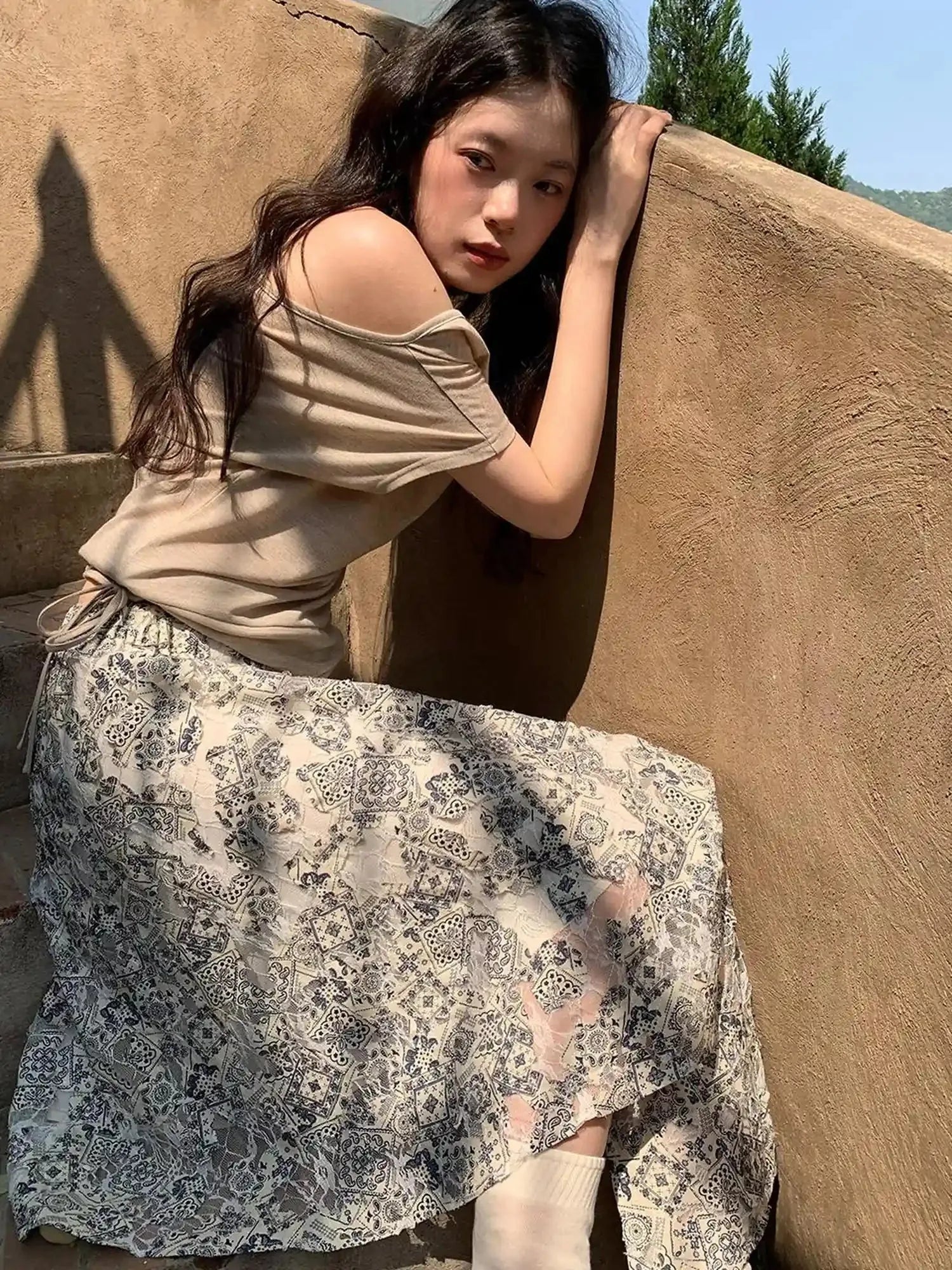 Lace Jacquard Slant Hem A Line Skirt With Draping