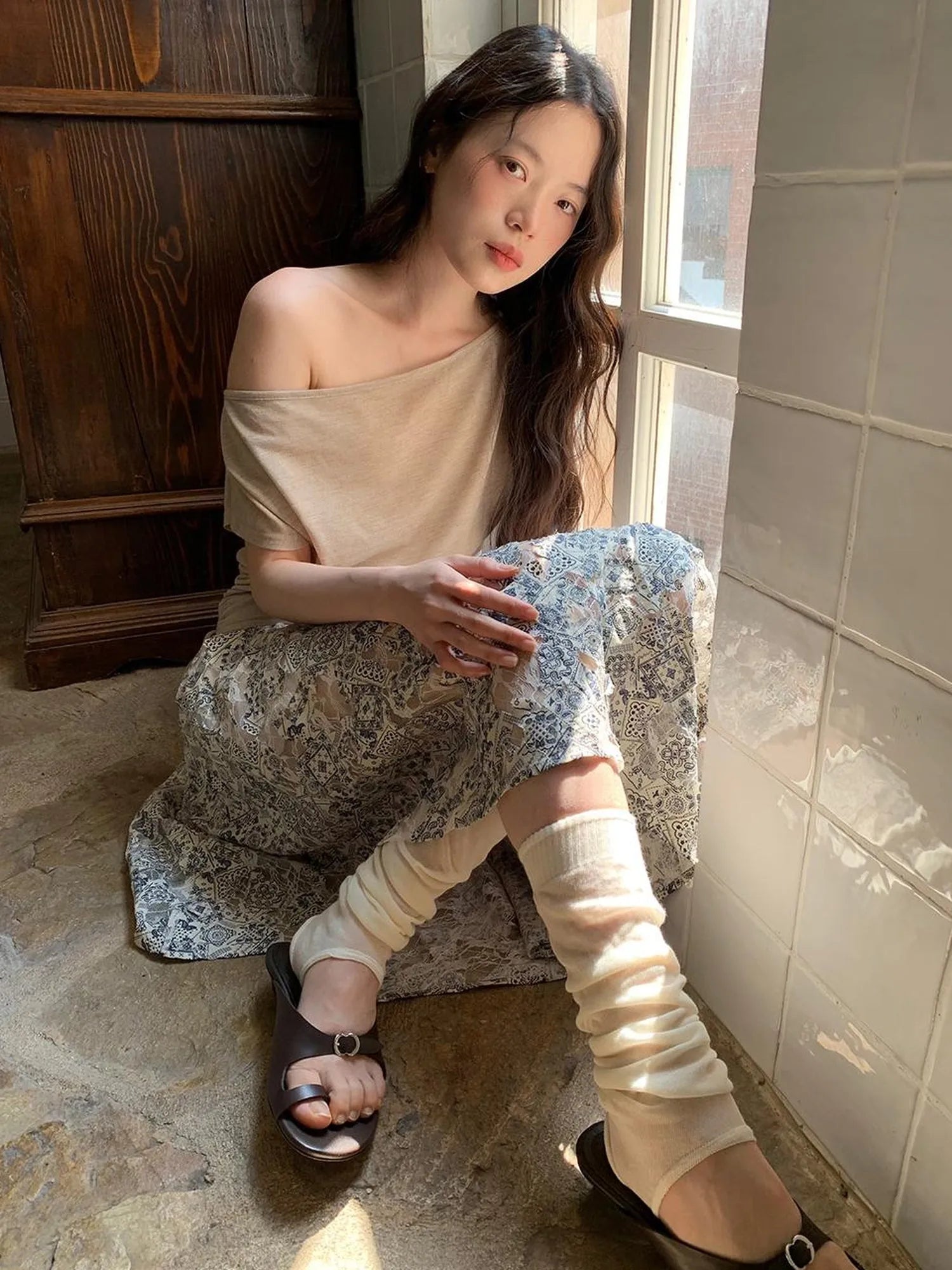 Lace Jacquard Slant Hem A Line Skirt With Draping