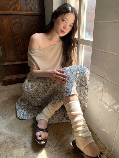 Lace Jacquard Slant Hem A Line Skirt With Draping