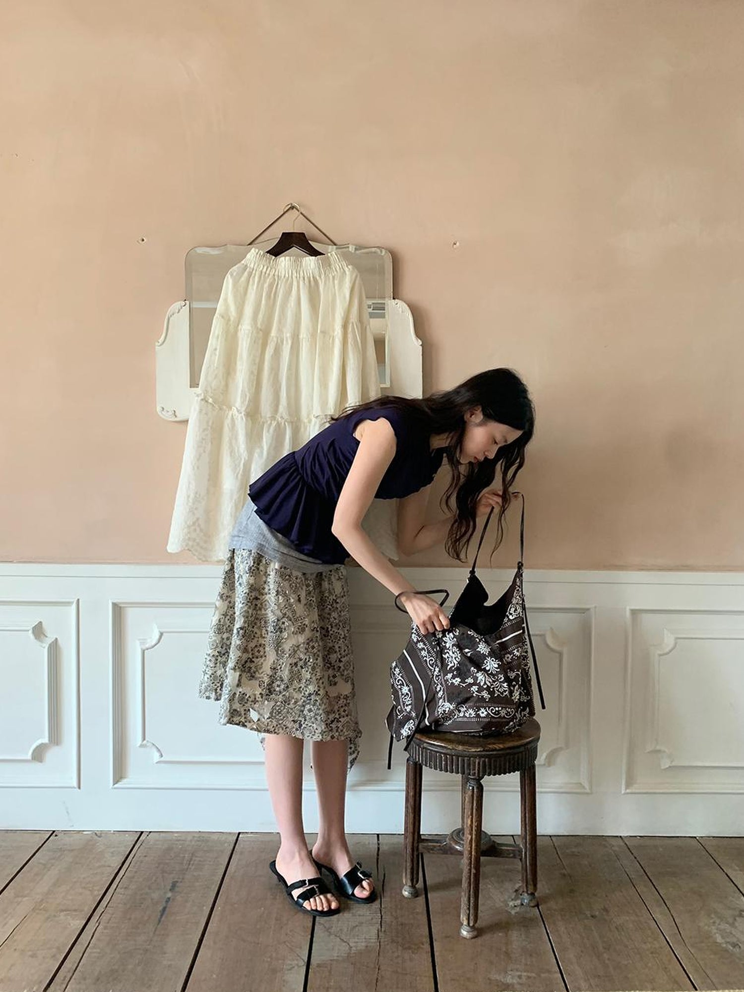Dorydory Lace Jacquard Slant Hem A Line Skirt With Draping