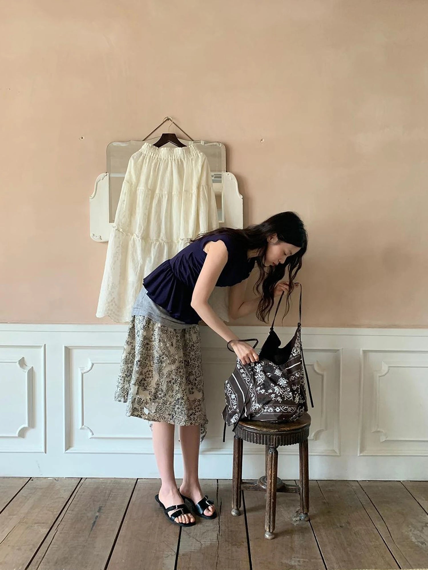 Lace Jacquard Slant Hem A Line Skirt With Draping