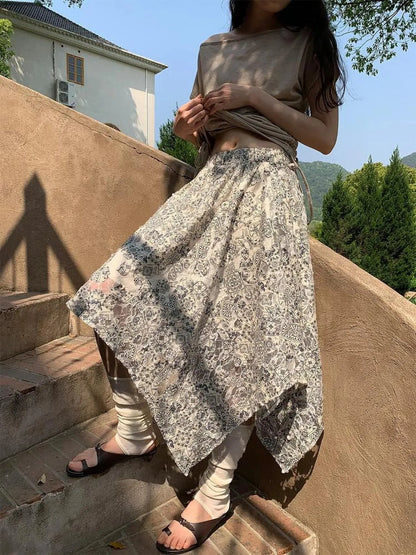 Lace Jacquard Slant Hem A Line Skirt With Draping