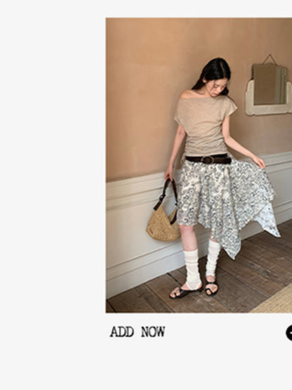 Dorydory Lace Jacquard Slant Hem A Line Skirt With Draping