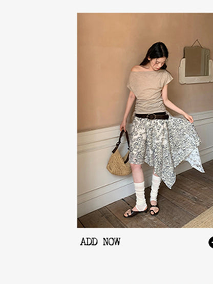 Lace Jacquard Slant Hem A Line Skirt With Draping