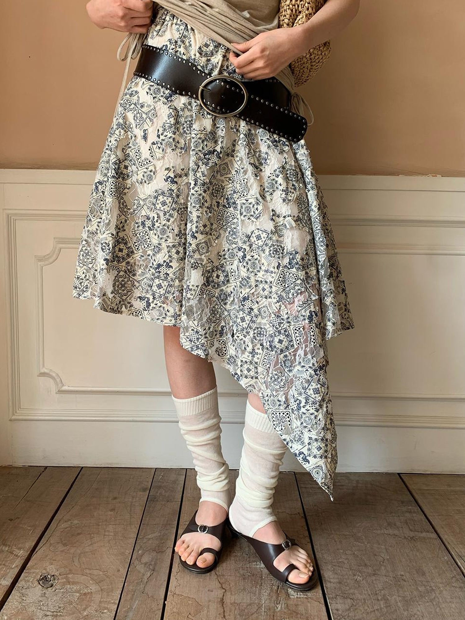 Dorydory Lace Jacquard Slant Hem A Line Skirt With Draping