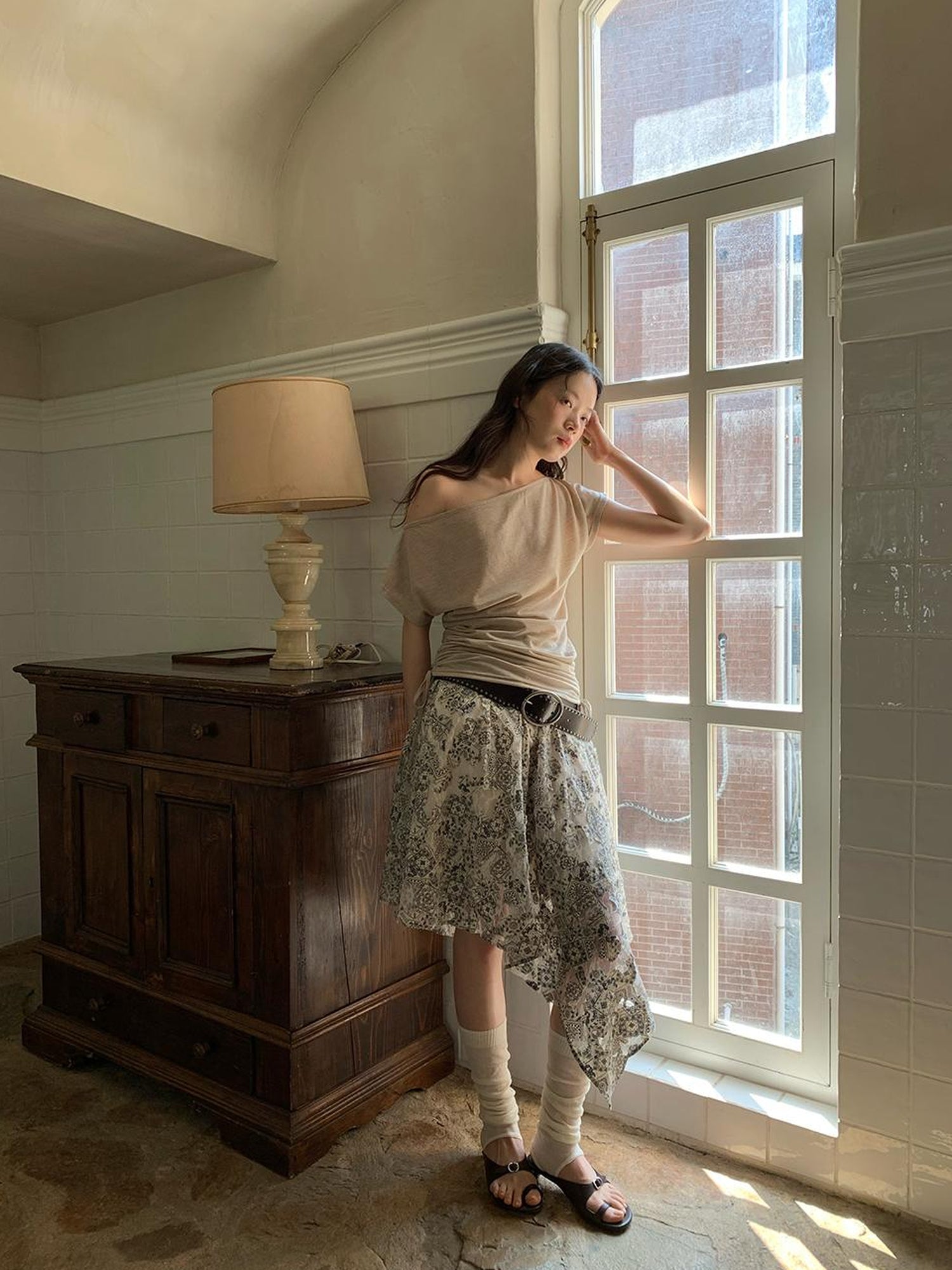Dorydory Lace Jacquard Slant Hem A Line Skirt With Draping