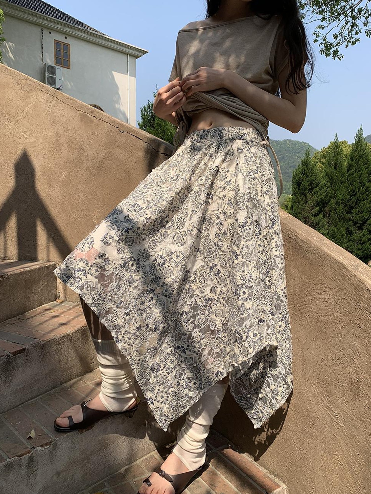 Dorydory Lace Jacquard Slant Hem A Line Skirt With Draping