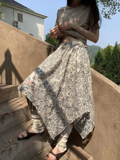 Lace Jacquard Slant Hem A Line Skirt With Draping