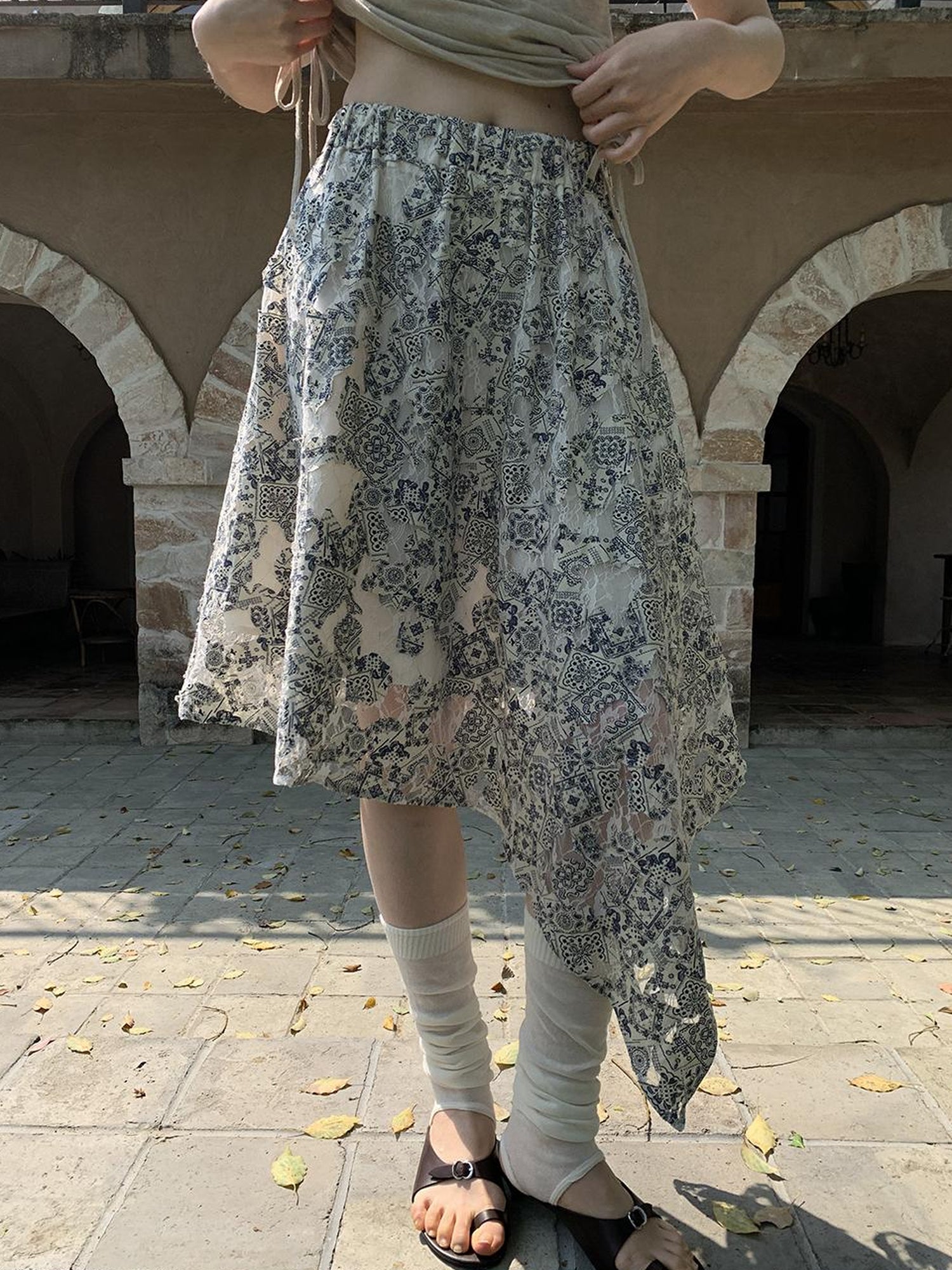 Dorydory Lace Jacquard Slant Hem A Line Skirt With Draping