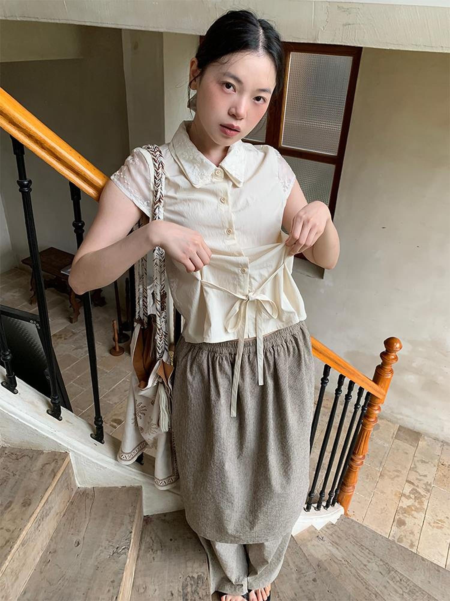 Dorydory Lace Paneled Double Collar Short Sleeve Shirt