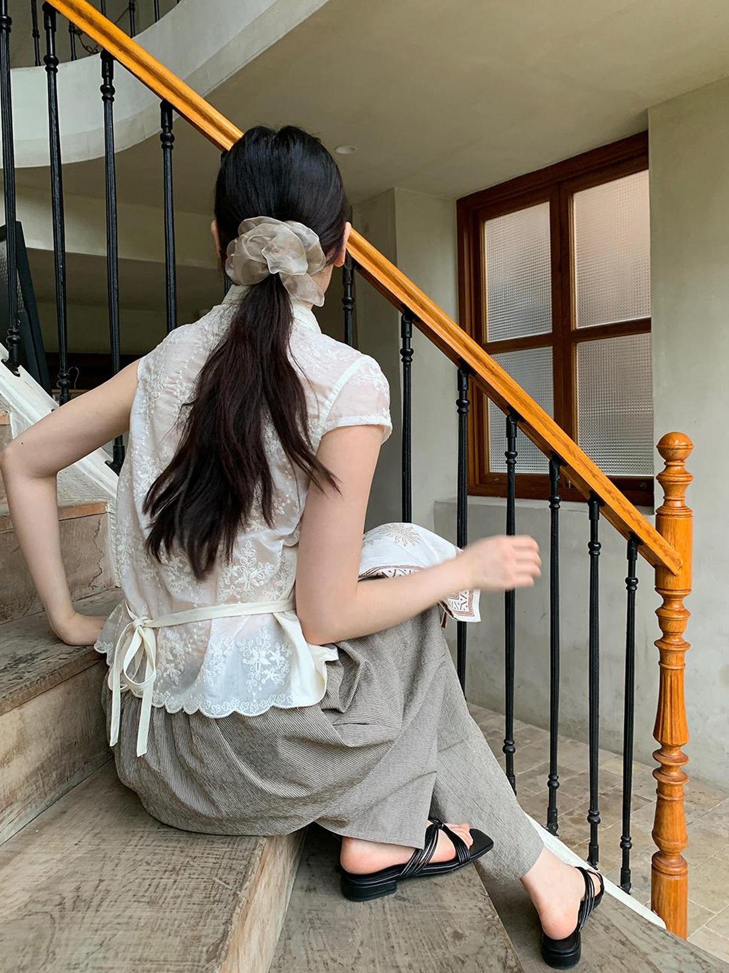 Dorydory Lace Paneled Double Collar Short Sleeve Shirt