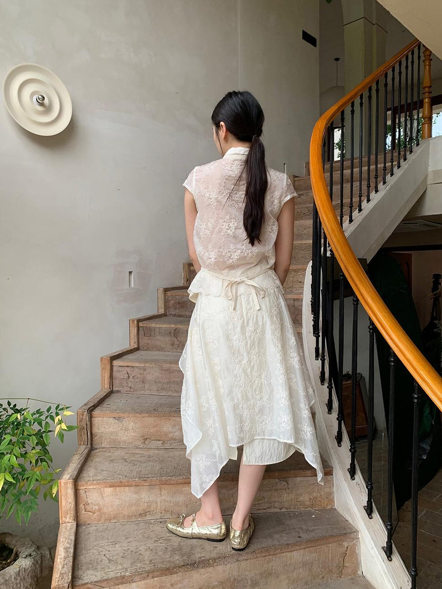 Dorydory Lace Paneled Double Collar Short Sleeve Shirt