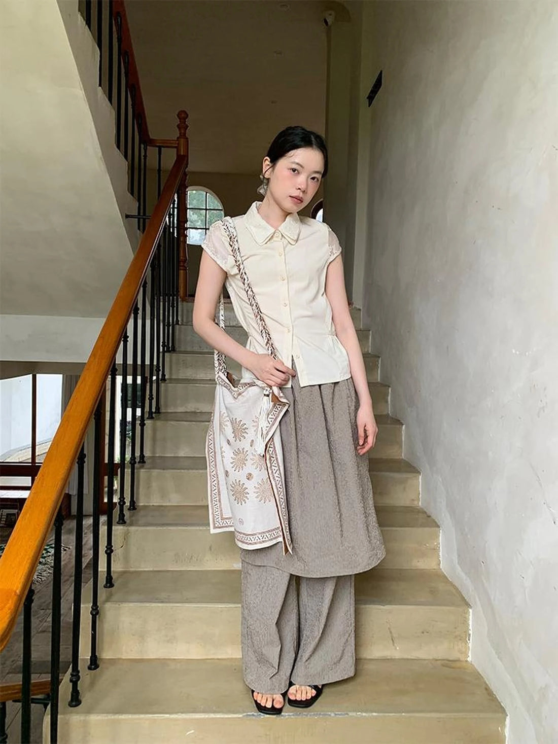 Lace Paneled Double Collar Short Sleeve Shirt