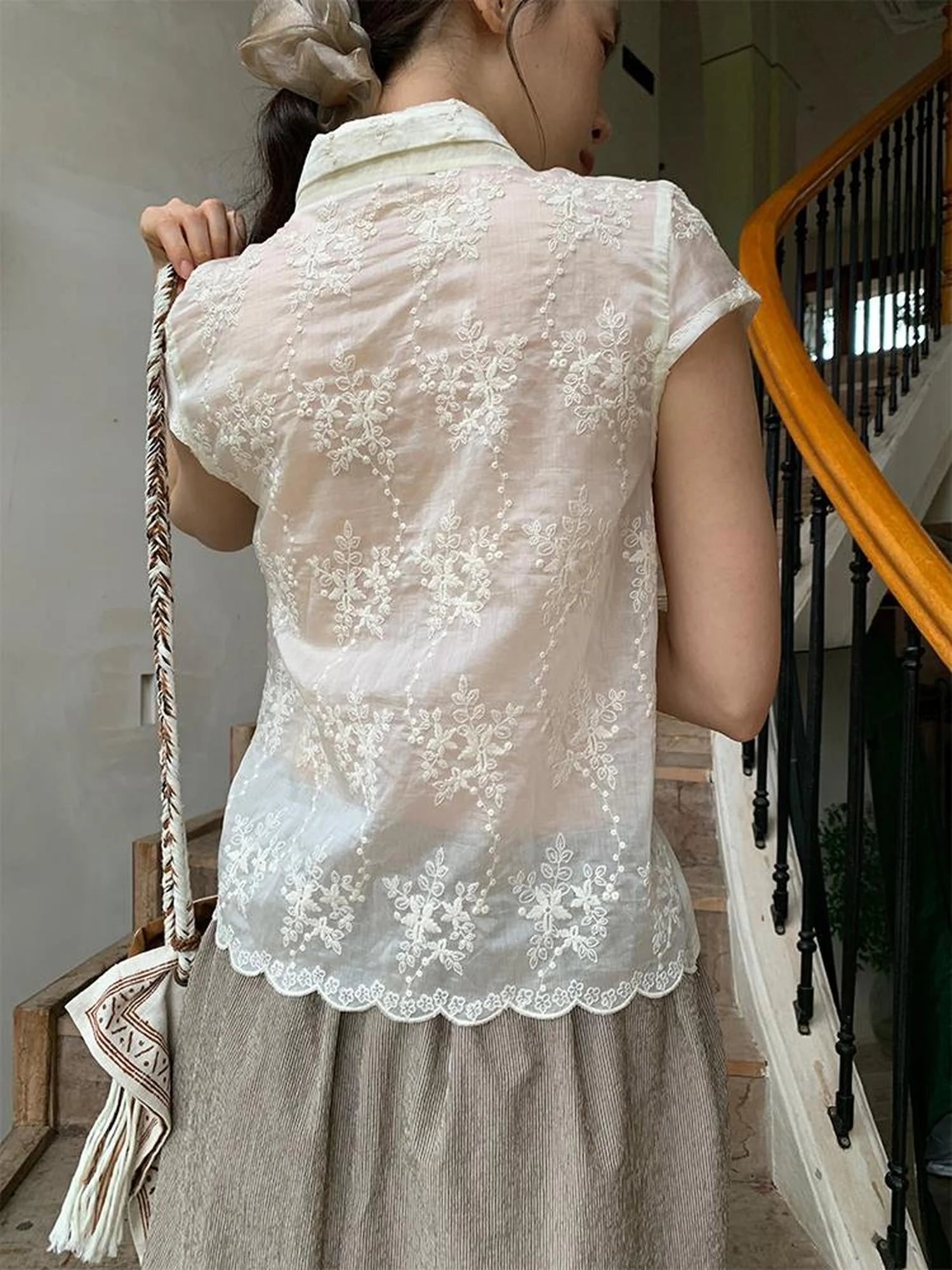 Lace Paneled Double Collar Short Sleeve Shirt